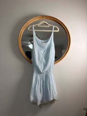 NWOT Sosia Made in Italy‎ Light Blue Silk-Like Smocked Waist Cami Romper